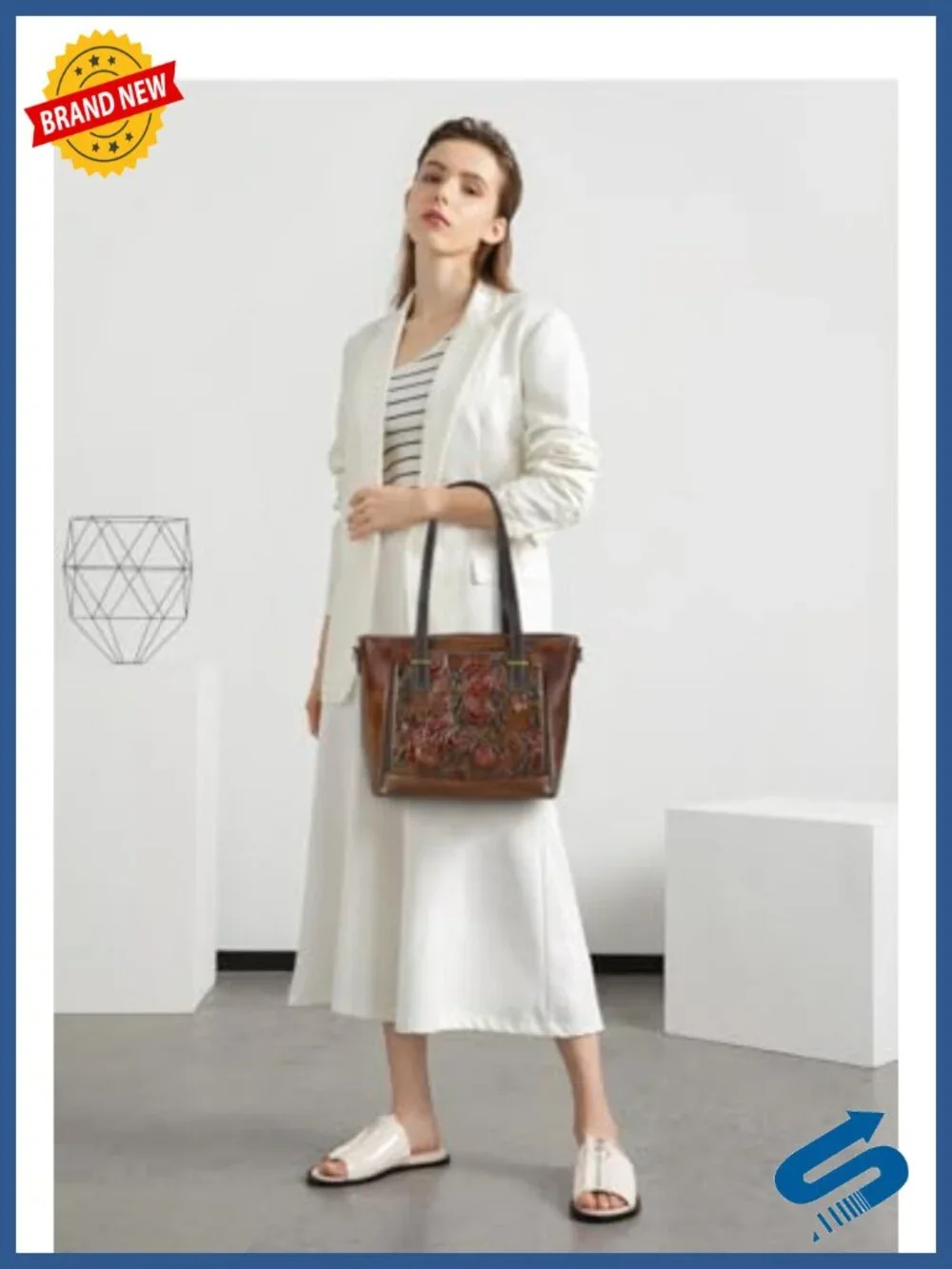 Vintage Leather Crossbody Bag Satchel Handbag Tote with Rose Embossing